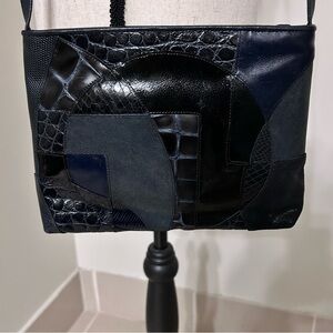 Vintage Sharif Navy Blue & Black Leather Patchwork Embossed Purse Shoulder Bag